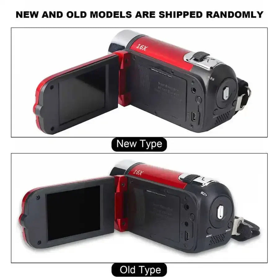 Two red and black DV90 camera bodies labeled New Type and Old Type with the screen flipped open, models shipped at random