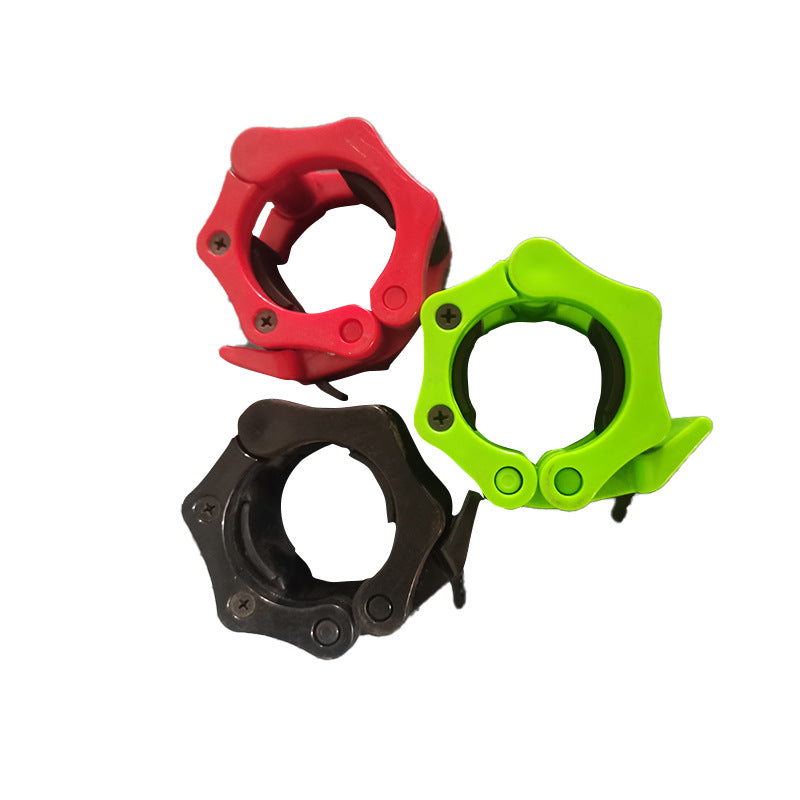 Red, lime green and black barbell collars with open clamps arranged together on a white background