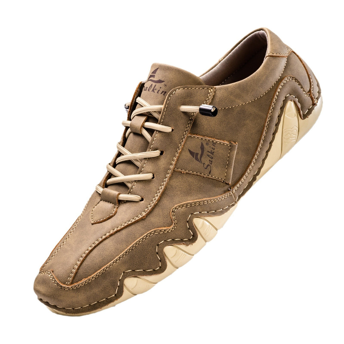 Brown microfiber low-top lace-up casual shoe with a wavy cream lug sole, three quarter view, not a listed color option