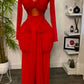 Red long sleeve maxi dress with twisted bust and draped front tie, red color, size XXL option photo