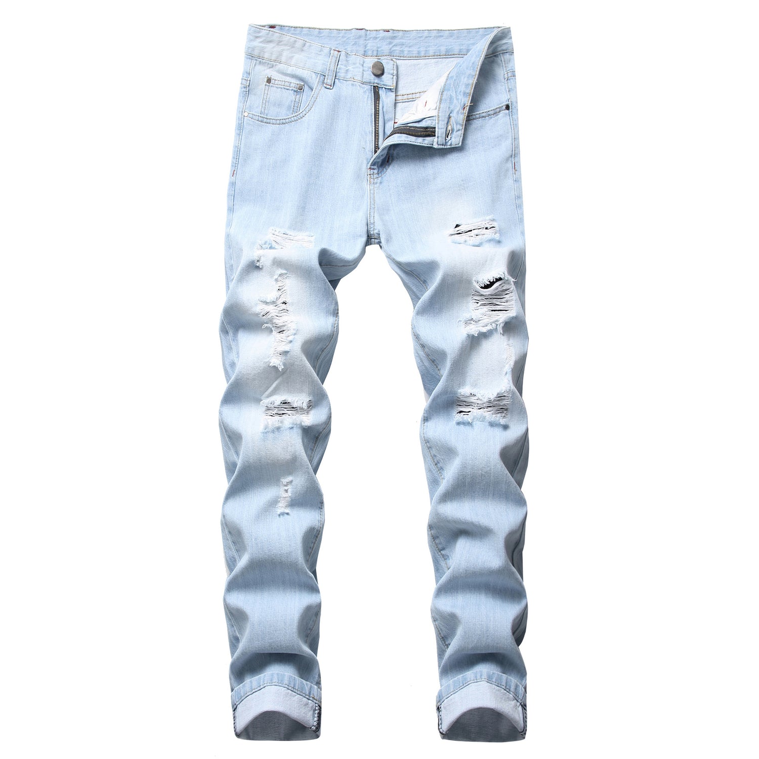 Waistband detail of the straight fit jeans showing belt loops and zip fly