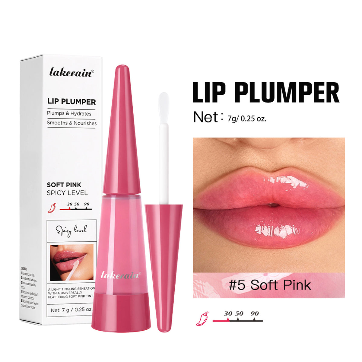 Lakerain lip plumper shade 5 Soft Pink bottle and box with a close up of glossy lips, 7 g net