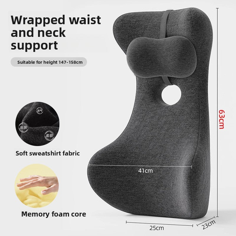 Grey memory foam back cushion in the 63 cm size with an attached neck rest