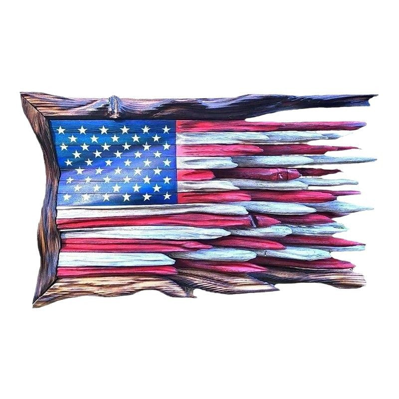 Wooden American flag wall art with layered tattered stripes on a white background