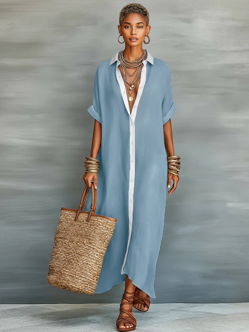 Cotton-linen color block dress laid flat showing full silhouette and colorway