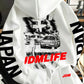 Loose fleece pullover hoodie with JAPAN and JDM lettering running down the sleeves and a hood