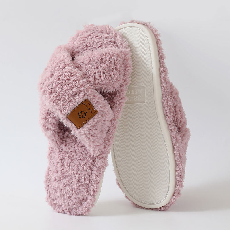 Light purple crossed plush open toe slipper standing beside its textured TPR sole, size 42-43 option