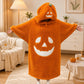 Womens pumpkin hooded fleece sleepwear, hood up with green stem and jack o lantern face