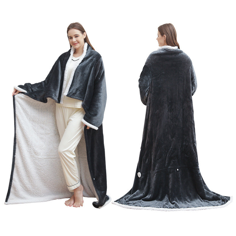 Angled view of the heated blanket worn while seated at a desk