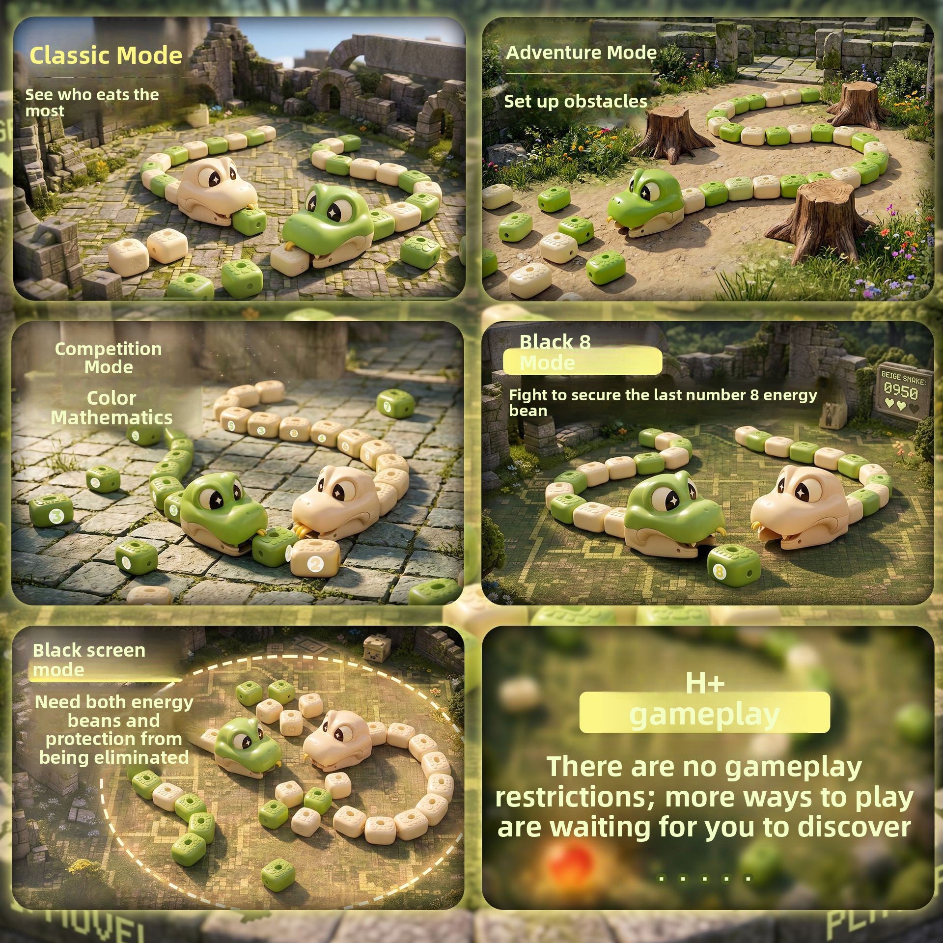 Grid of game modes for the remote control magnetic snake, from classic play to obstacle runs