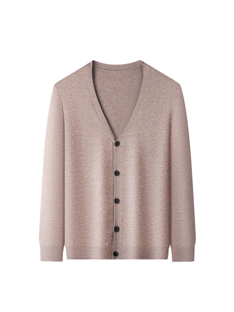 Black mens knit cardigan buttoned to show the fine knit and ribbed hem