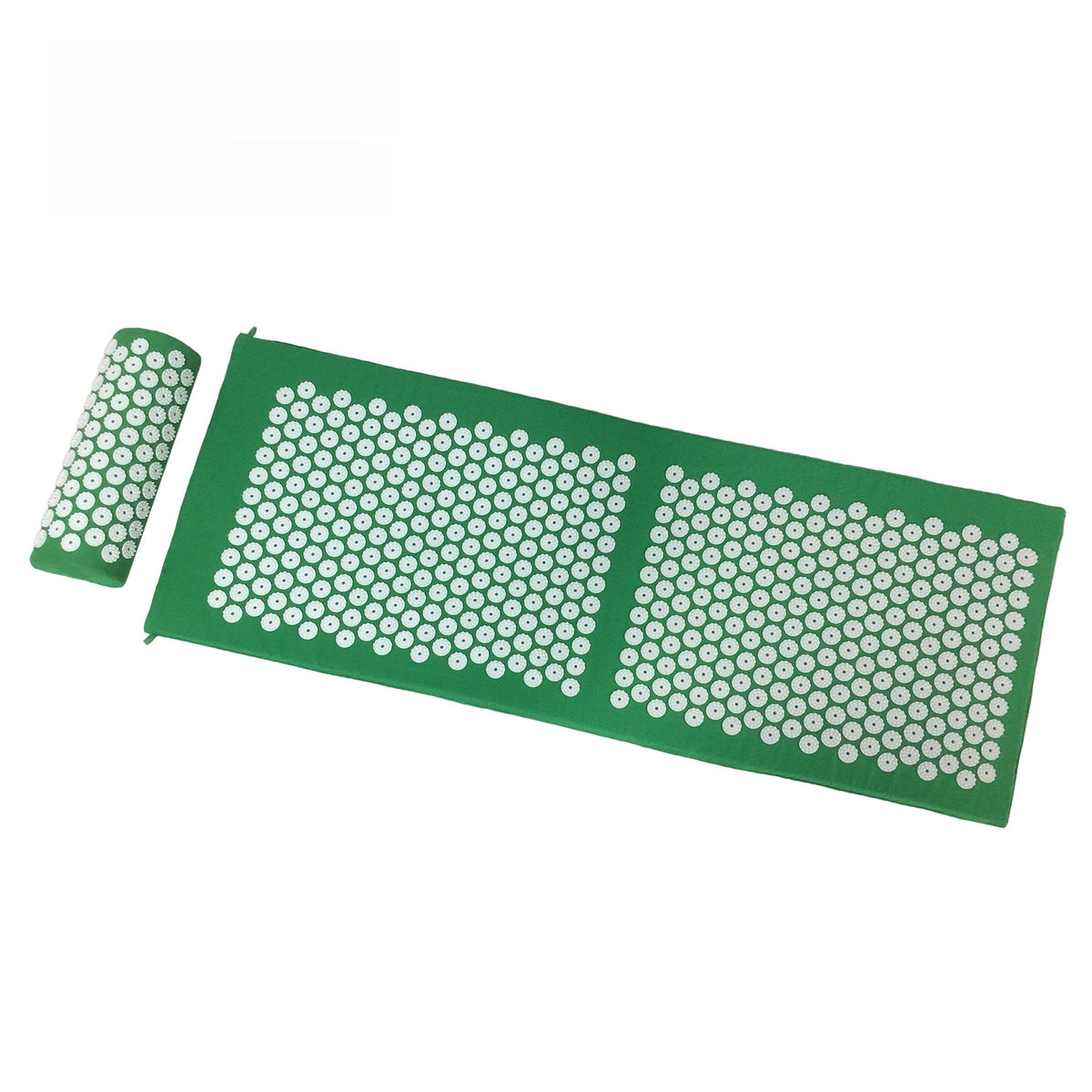 Green spiked massage mat with matching spiked head pillow, top view on a white background
