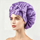 Large satin hair bonnet shown with the elastic band and two satin ties for the fit