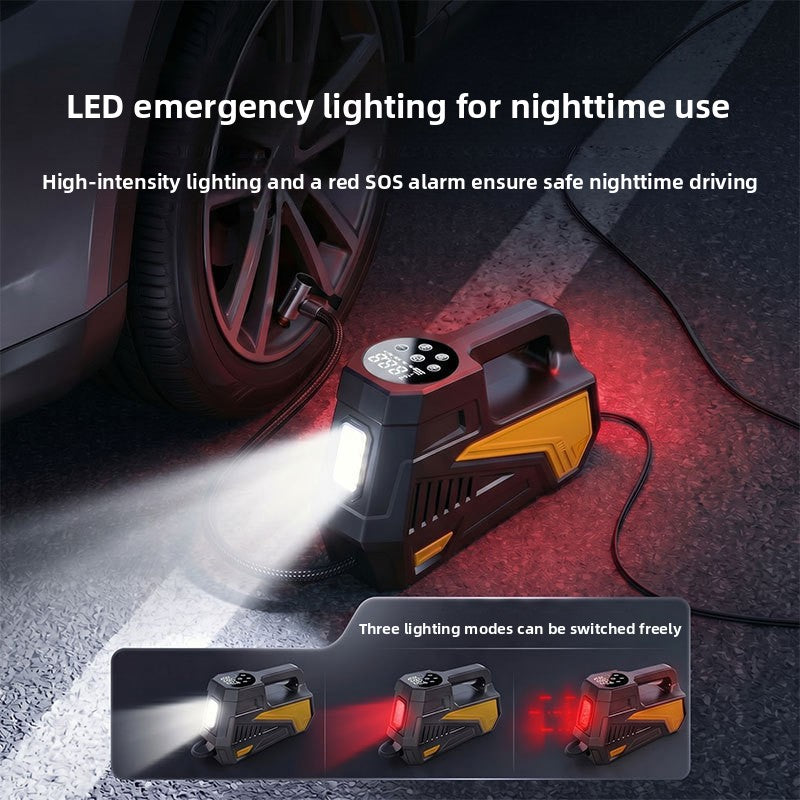 Tire inflator lighting the ground with white LED light, with three lighting modes shown in white and red