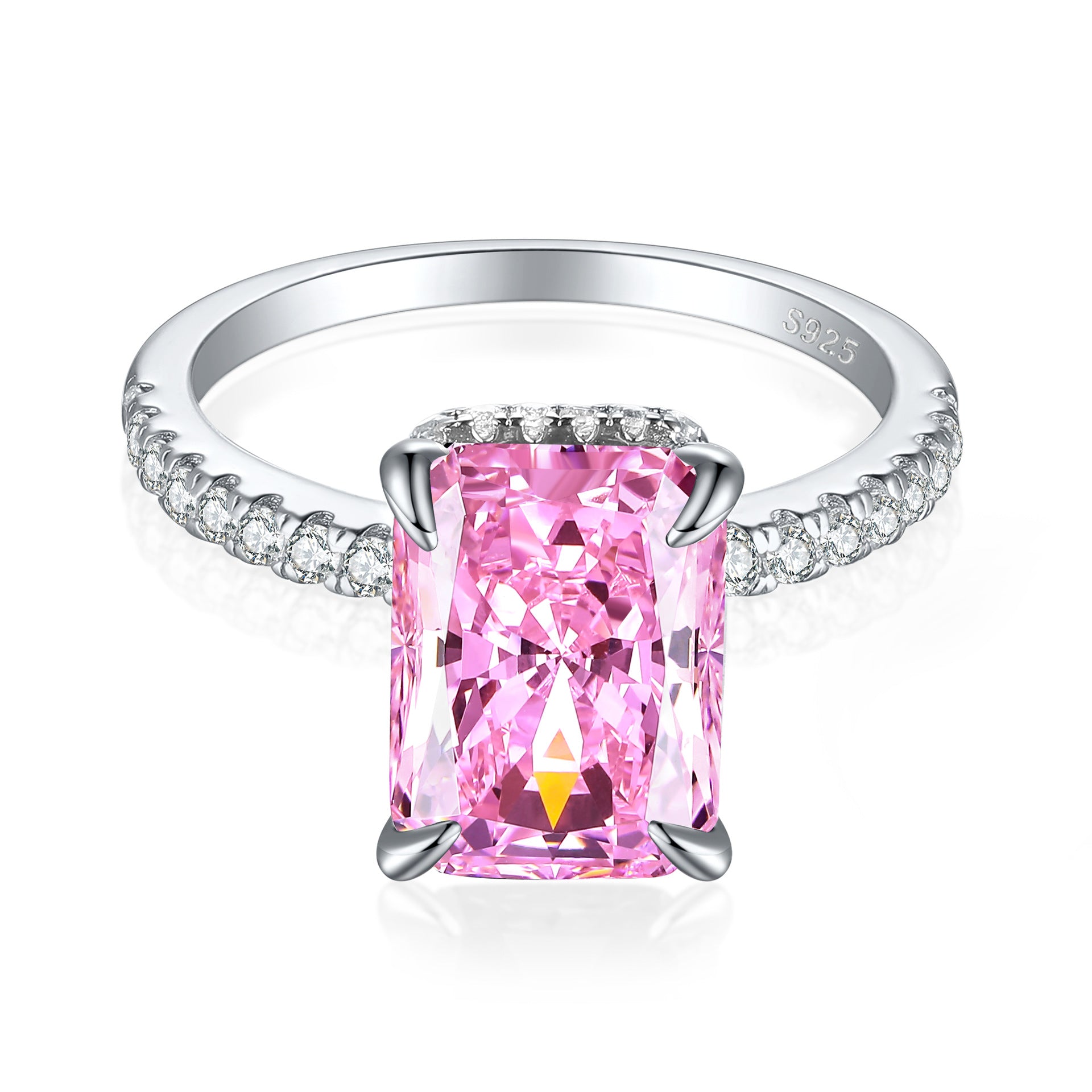 Sterling silver solitaire ring with a large elongated pink stone and clear pave down the shoulders