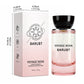Perfume carton and pink glass bottle shown with carton measurements on a plain white background