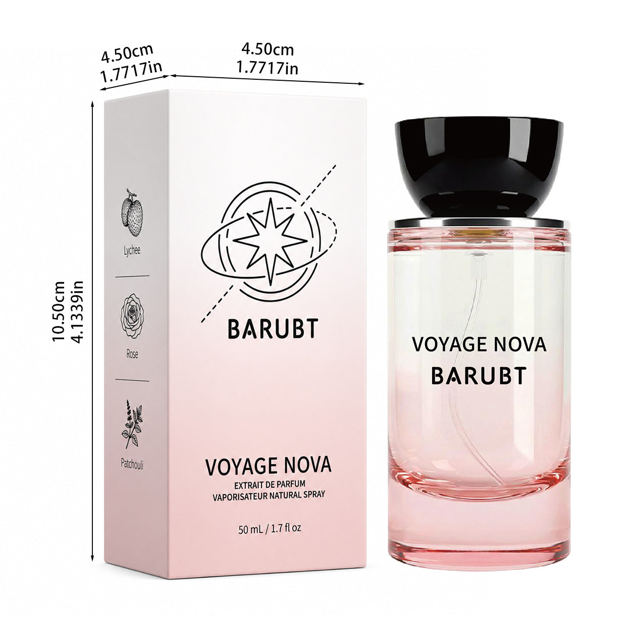 Perfume carton and pink glass bottle shown with carton measurements on a plain white background