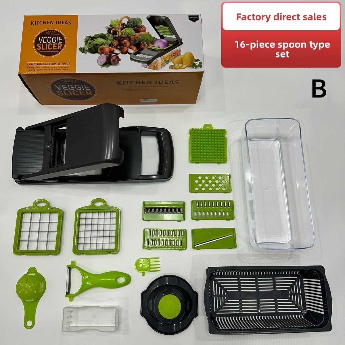 Sixteen piece spoon type vegetable chopper set with box, blades and egg separator