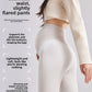 Rear close view of beige maternity bell-bottom pants showing the seamless high-waist panel