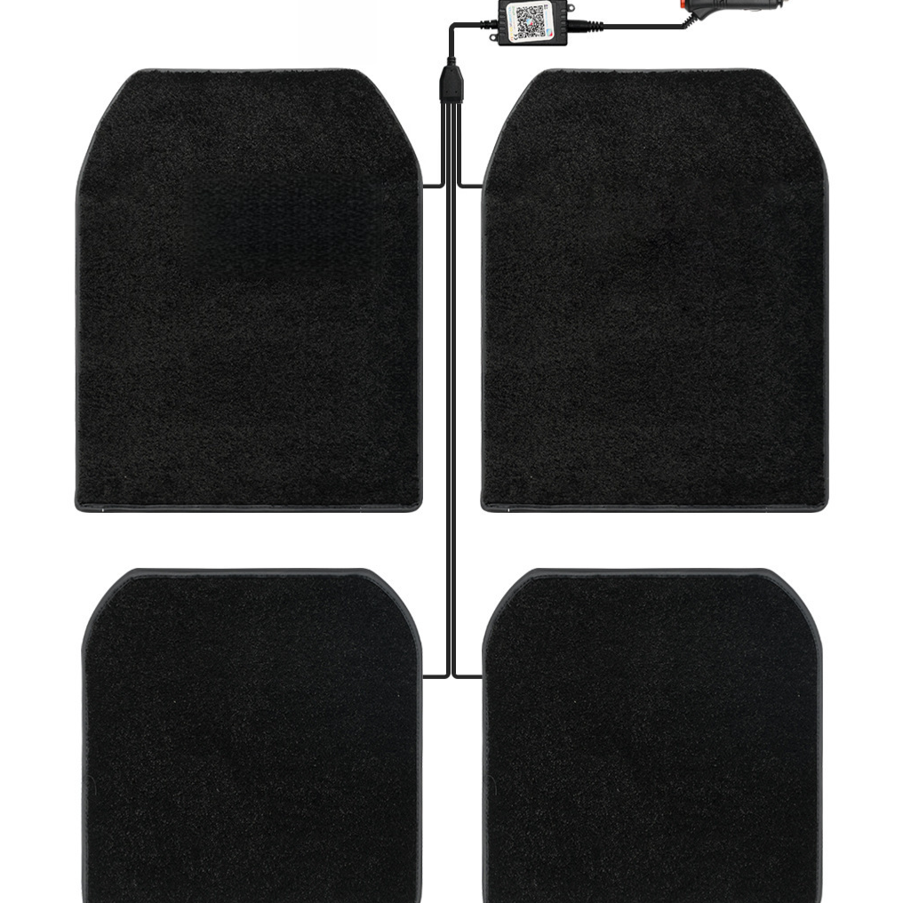 Four black car floor mats with app controller and plug, shown with a lighter plug as the USB plug option photo
