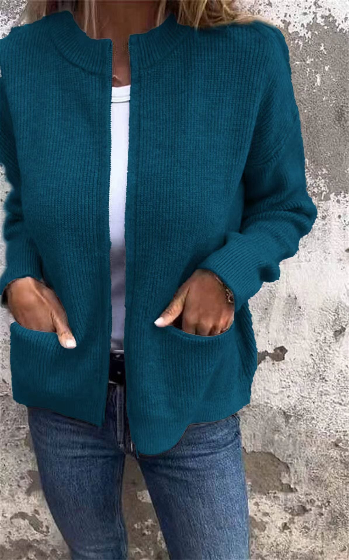 Peacock Blue zip-front knit cardigan with two patch pockets, size XL