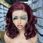 Burgundy lace front wig with bouncy shoulder-length curls, front view on a mannequin head