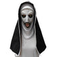 Latex horror nun mask front view with a white wimple and black hood