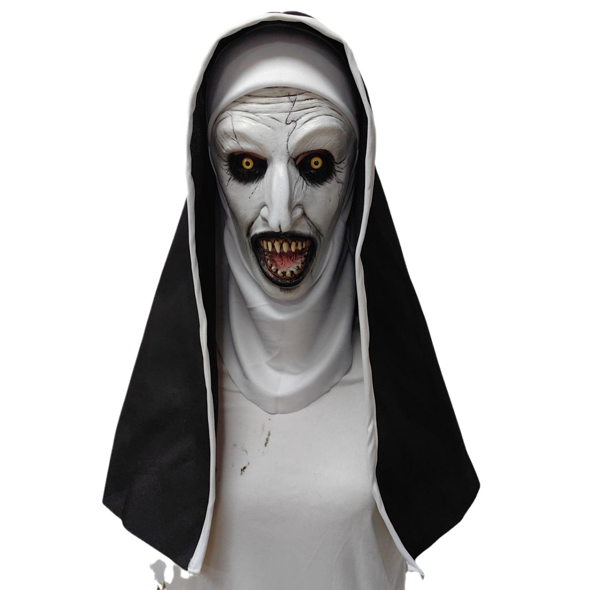 Latex horror nun mask front view with a white wimple and black hood