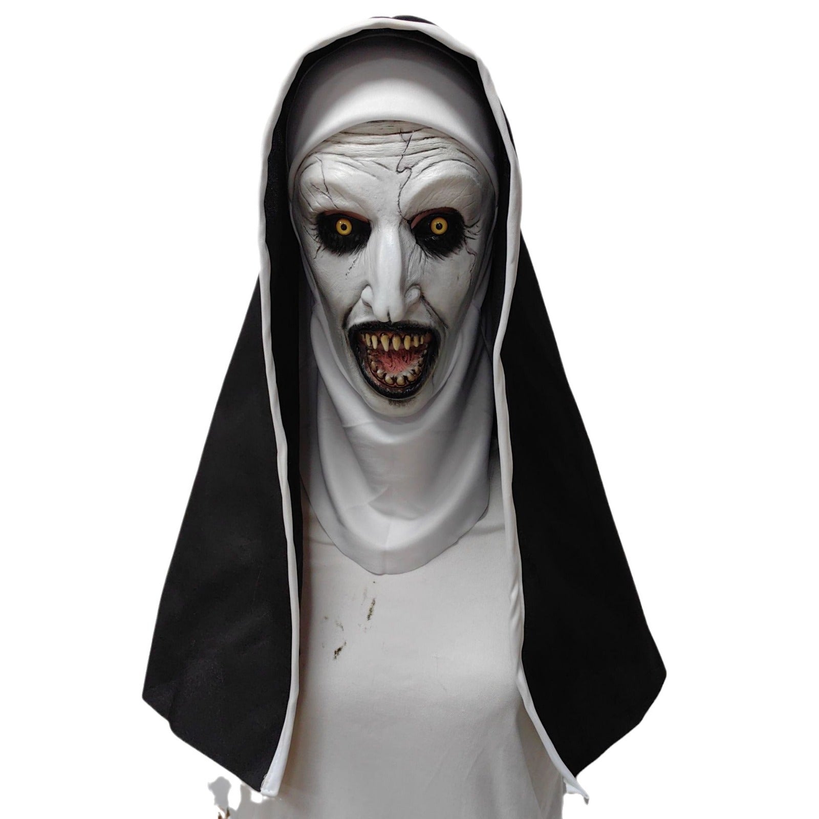 Latex horror nun mask front view with a white wimple and black hood