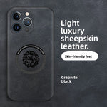 Sheepskin leather iPhone case with an embossed dragon totem and a built in magnetic ring on the back
