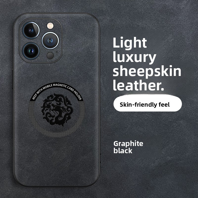 Sheepskin leather iPhone case with an embossed dragon totem and a built in magnetic ring on the back