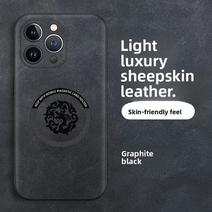 Sheepskin leather iPhone case with an embossed dragon totem and a built in magnetic ring on the back