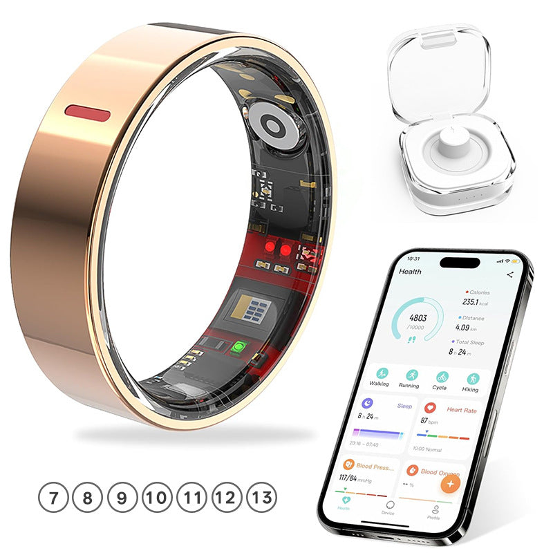 Screen free smart ring for step, sleep and heart rate tracking through a phone app