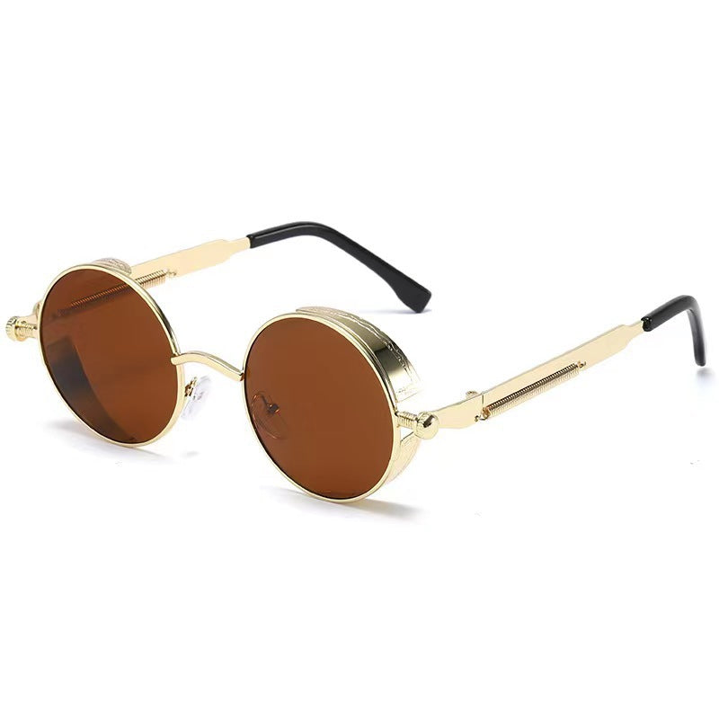 Retro round steampunk metal frame sunglasses shown as a studio product photo