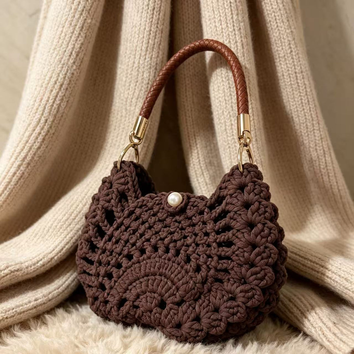 Dark brown handwoven wool bag with braided brown handle and pearl-white button on cream knit drapes