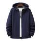 Mens hooded nylon jacket with zip pockets shown from the front