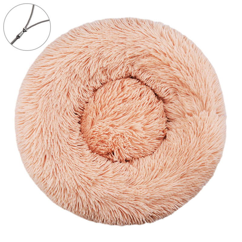 Dark beige round plush pet bed with a raised bolster rim on a plain background