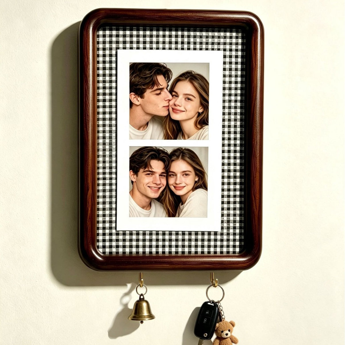 Option A4 Hook Style 9: dark wood wall photo frame with black and white gingham backing and two key hooks