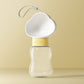 White cloud lid pet water bottle with yellow twist ring and grey carry cord on a beige background