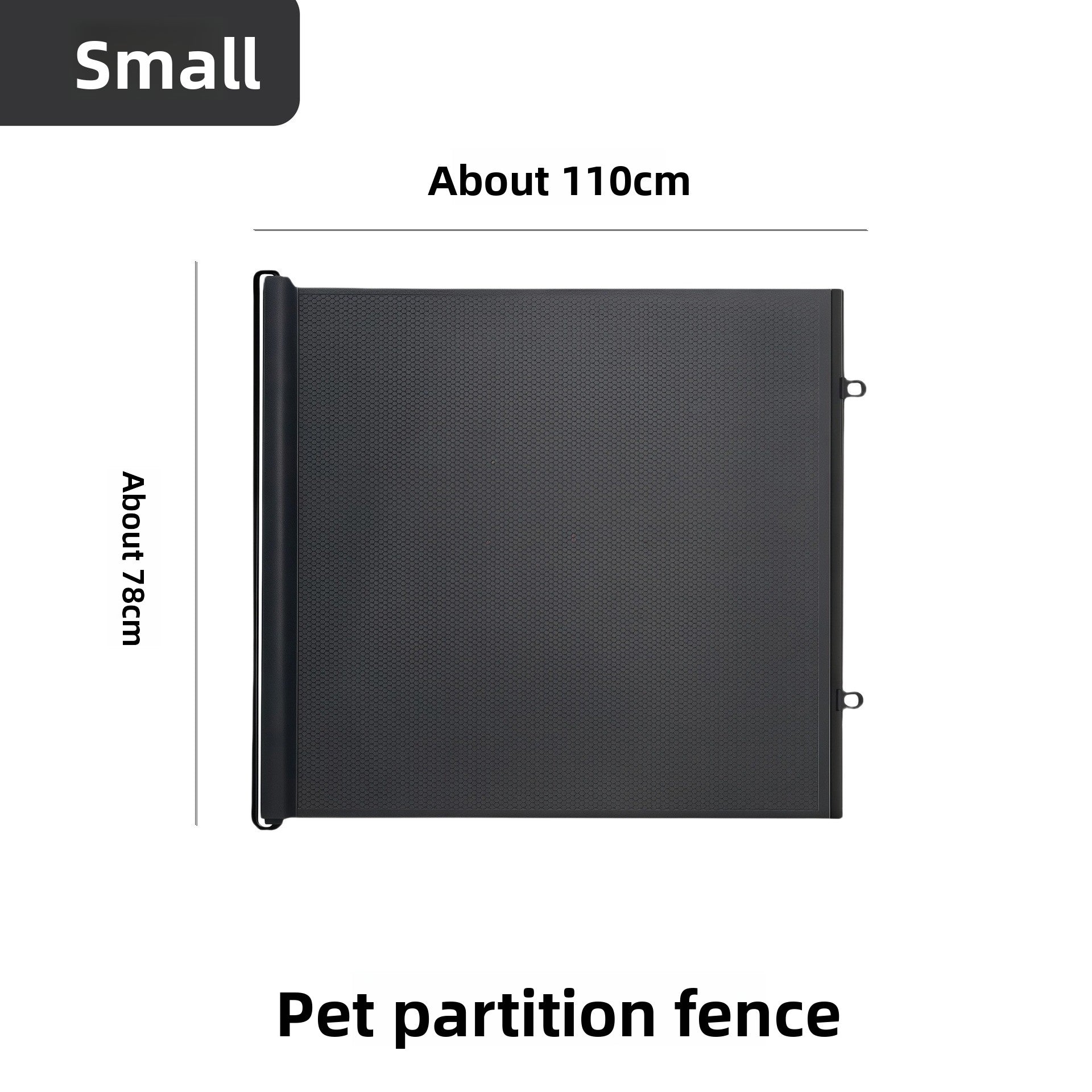 Black roll up pet gate marked small, about 110 cm wide and 78 cm high, on a grey background