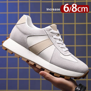 Beige and tan cow suede lace up sneakers shown as a pair, with a 6 to 8 cm height callout