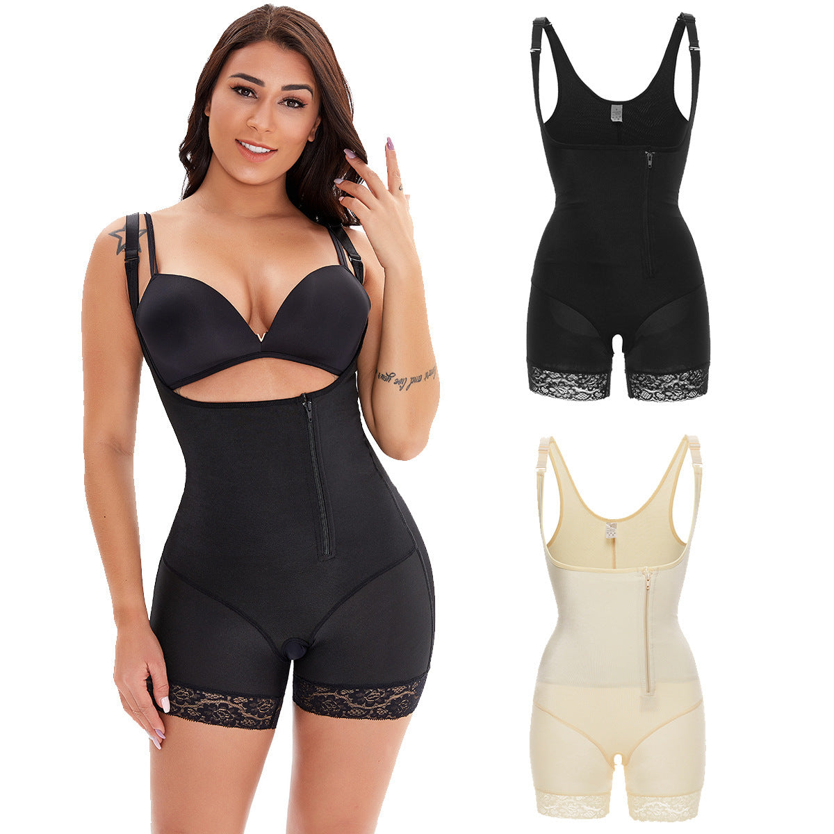 Black tummy control one-piece shapewear worn on model with color options shown