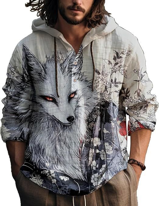 Hooded henley shirt, gray shirt with a white fox among floral kimono patterns, size XL
