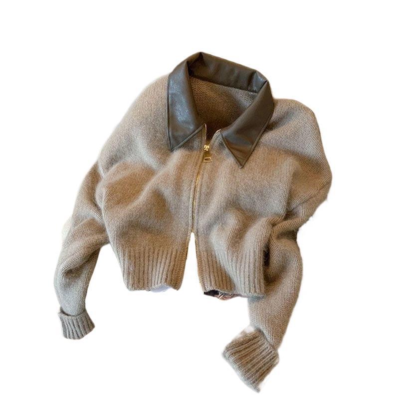 Brown cropped zip-up knit cardigan with ribbed trims and a glossy collar on white, size XXL option