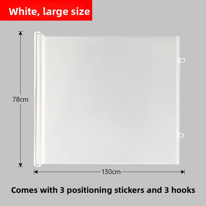 White roll up pet gate 130 cm wide and 78 cm high, with three adhesive locators and three hooks