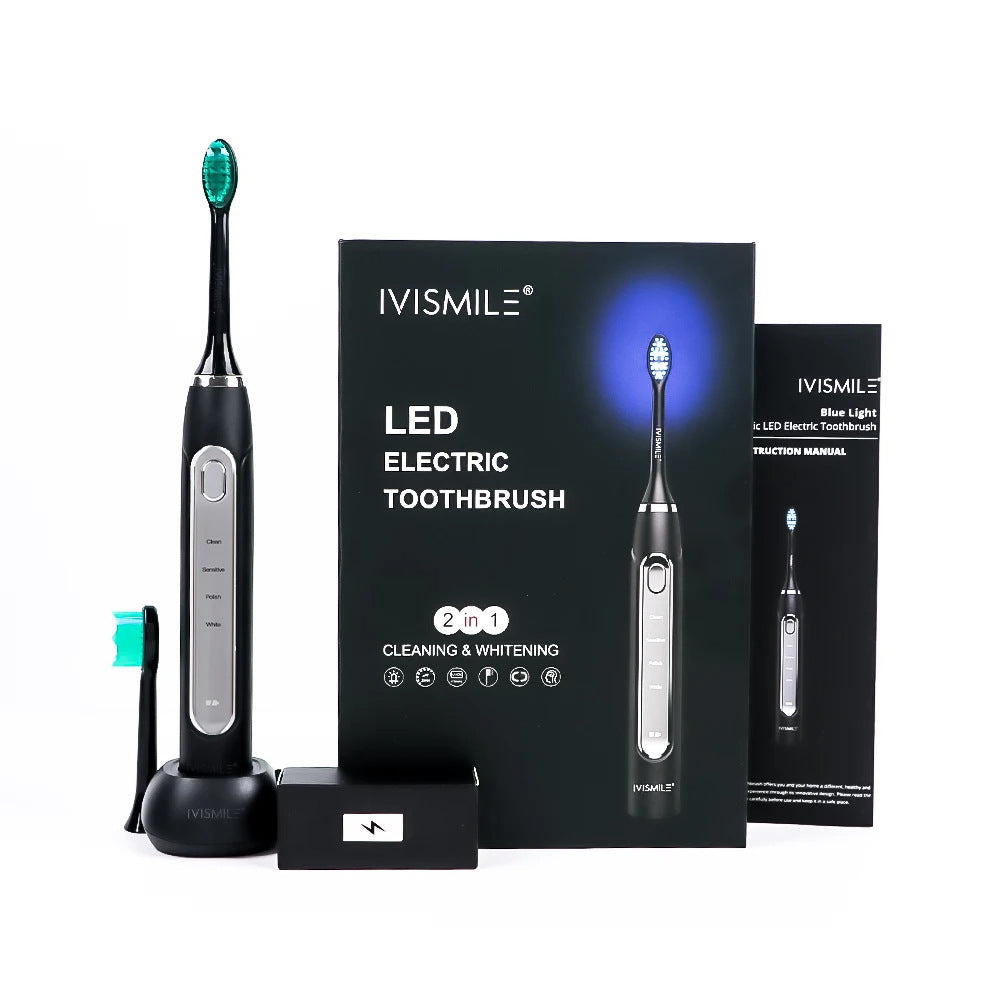 Black IVISMILE LED electric toothbrush with retail box, stand and a spare brush head, option image for Black