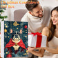 Hands holding an advent calendar box with a French Bulldog in a red cape beside a wrapped Christmas gift
