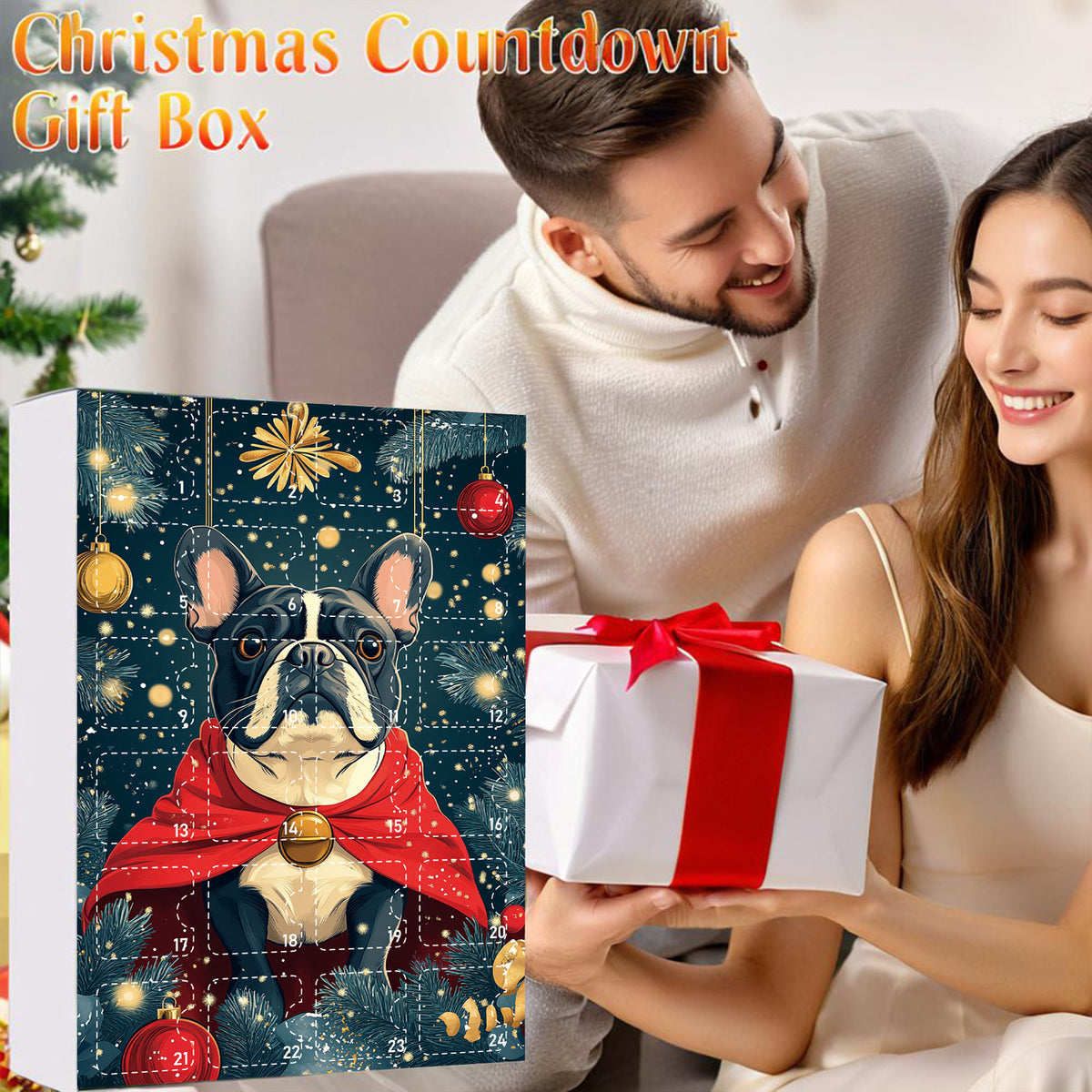 Hands holding an advent calendar box with a French Bulldog in a red cape beside a wrapped Christmas gift