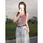 Plaid halter camisole laid flat showing the full checked pattern