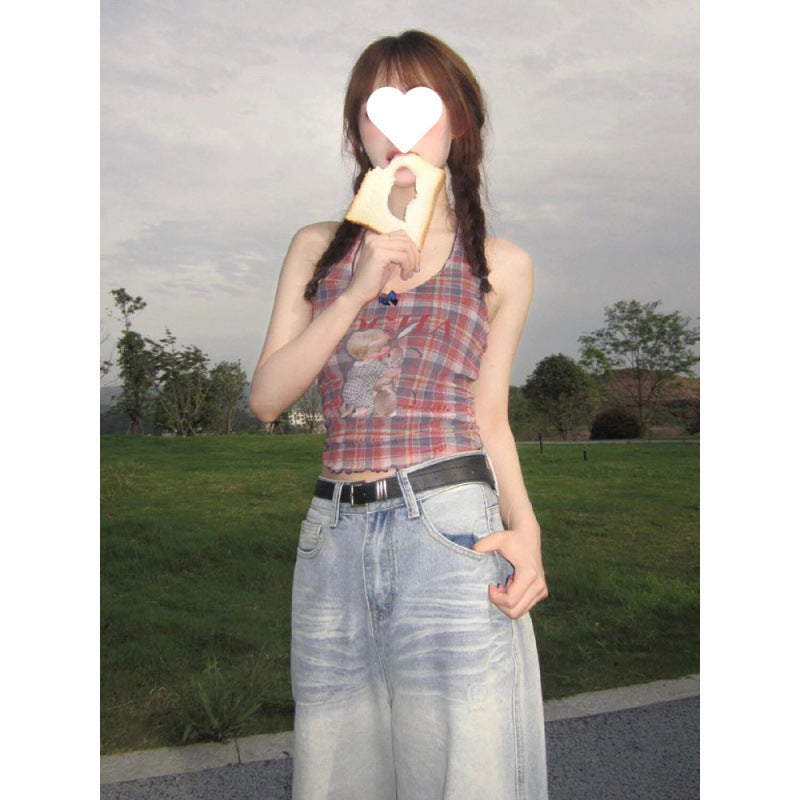 Plaid halter camisole laid flat showing the full checked pattern